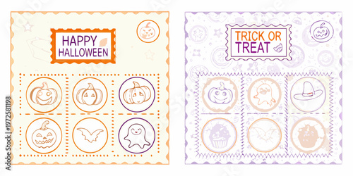 Two halloween themed postage stamp designs with pumpkins ghosts and treats