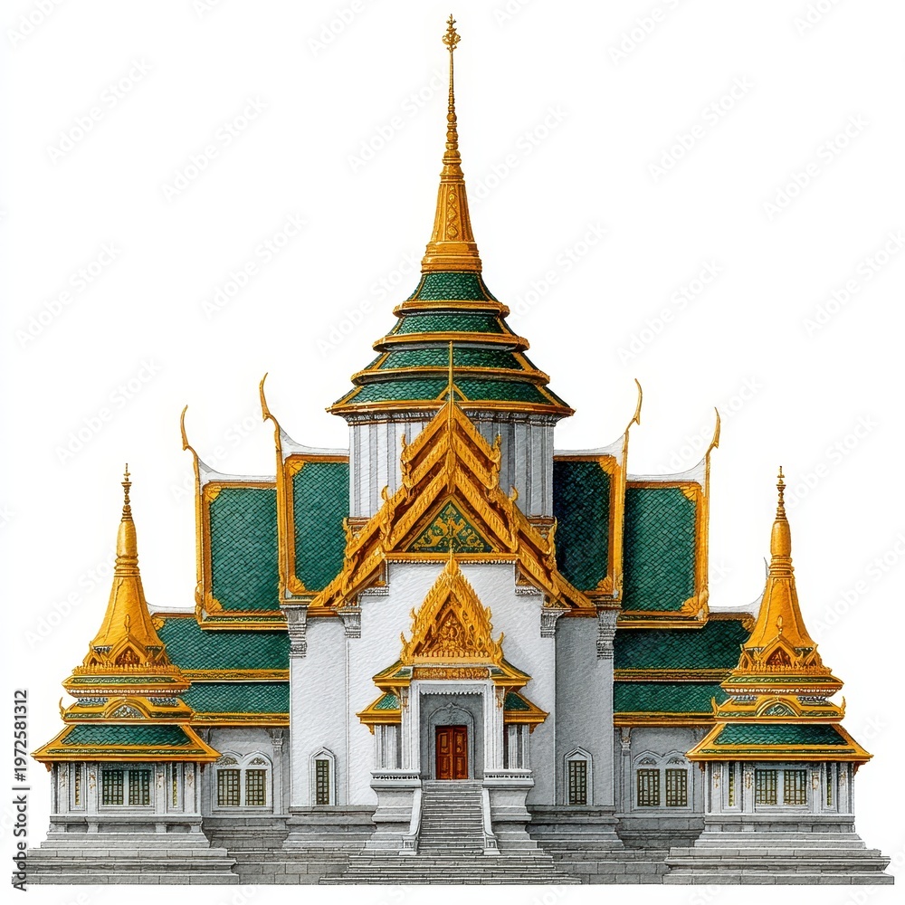 Fototapeta premium Traditional Green And Gold Thai Temple Architecture