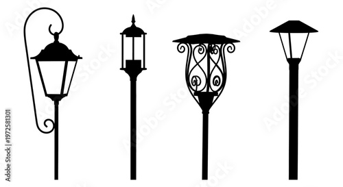 Black silhouettes of four lamp posts.