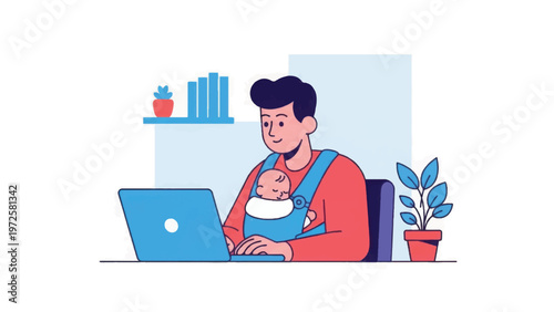 Man Working on Laptop with Baby.