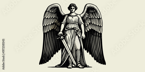 Vintage illustration of an angelic figure holding a sword