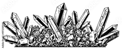 Hand drawn vintage engraving of crystal formation and mineral gem cluster with hatching texture