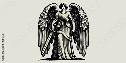 Vintage illustration of an angel holding a sword detailed engraving style