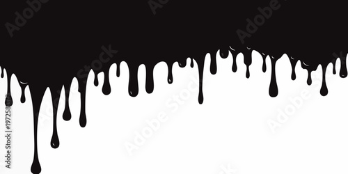 Abstract drips of black paint cascading down a white background