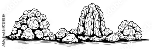 Hand drawn row of rocky formations and mineral crystals in black and white ink style