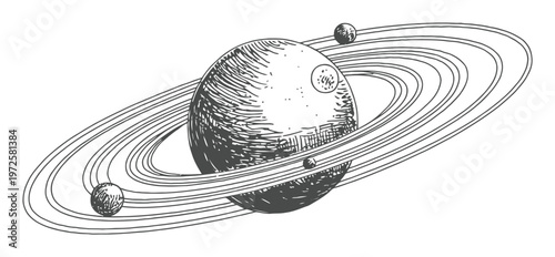 Vintage of Saturn with Rings and Moons