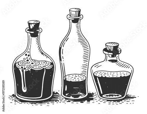 Vintage of Three Corked Glass Bottles with Dark Liquids