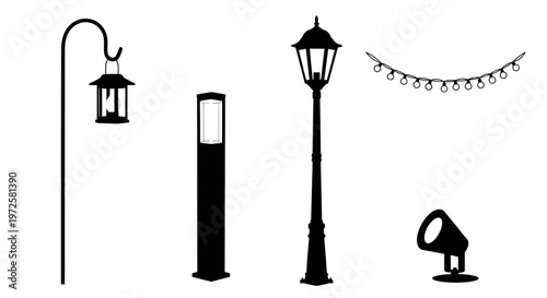 Black silhouettes of street lamps.