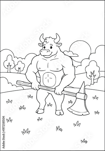 Minotaur warrior illustration features a powerful bull character for coloring