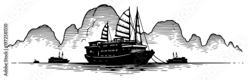 Photos Detailed vintage engraving of a traditional junk boat navigating through a mount