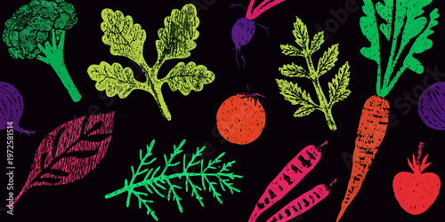 Colorful illustration of various vegetables on a black background