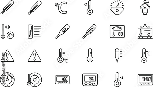 Thermometer and Temperature Measurement Line Icon Set with Weather Medical and Digital Thermometer Vector Collection
