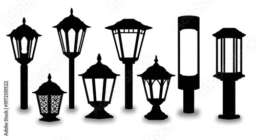 Black silhouettes of various outdoor lamps.