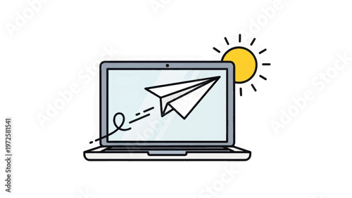 Paper Plane Launching from Laptop Screen.