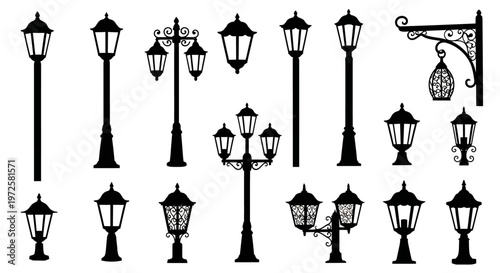 Black silhouettes of various street lamps.