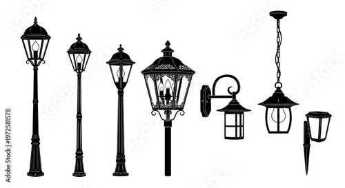 Black silhouettes of various outdoor lamps.