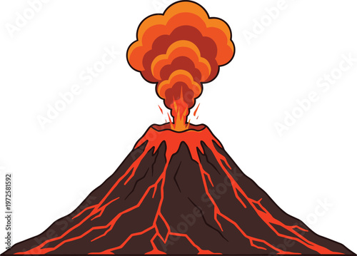 Active Volcano Eruption with Hot Lava Flows and Orange Smoke Clouds for Geological Education, Natural Disaster Concept, and Science Project Illustrations