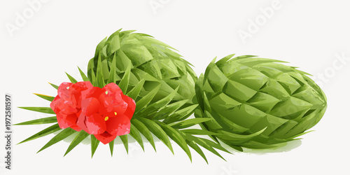 A vibrant illustration of two artichokes and bright red tulip blooms