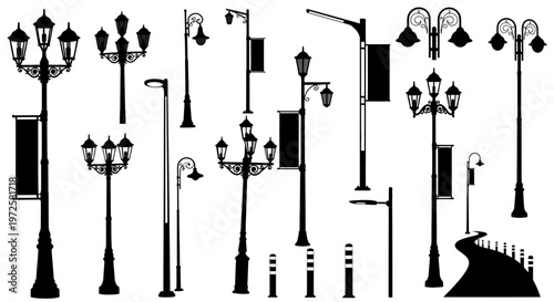 Black silhouettes of various street lamps.