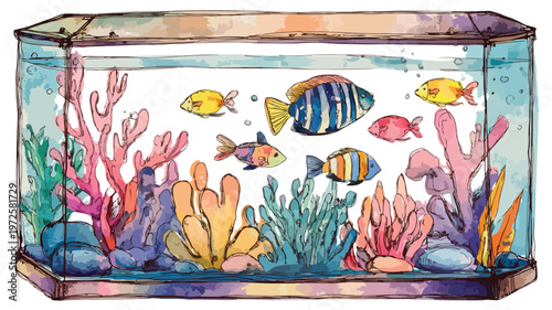 Vibrant Hand-Drawn Fish Tank Watercolor Sketch for Artistic Design
