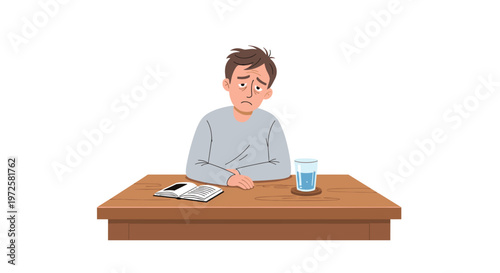 A visibly unwell man with messy brown hair and dark under-eye circles sits slumped at a large wooden table beside a small book and a glass of water on a white background.
