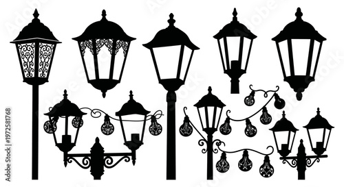 Black silhouettes of various street lamps.