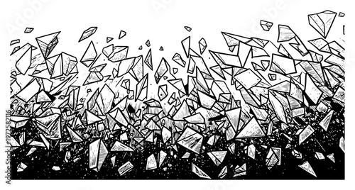 Detailed hand drawn illustration of exploding geometric shards and crystal fragments