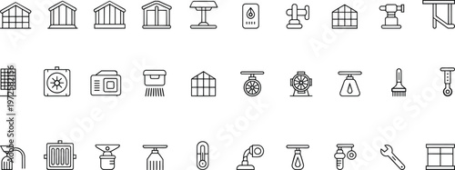 Industrial Plumbing and Construction Line Icons Set – Pipes, Tools, Water Systems, Equipment Vector Collection