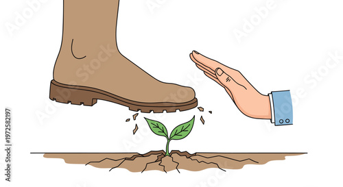 Large leather boot is about to step on a small green plant while a protective hand tries to shield the sprout.