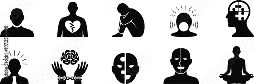 Mental Health Psychology Human Mind Stress and Emotion Icons Set Vector Illustration