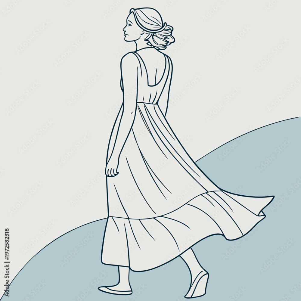 Fototapeta premium Woman Walking in Long Dress Minimal Line Art Illustration