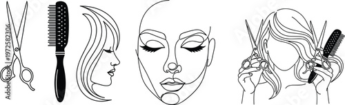 Hairdresser and Beauty Salon Line Illustration Set with Scissors Brush Woman Face and Hairstyling Vector Collection