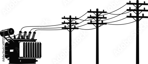 Electric transformer connected to power line poles silhouette isolated on white background representing electricity transmission and energy infrastructure