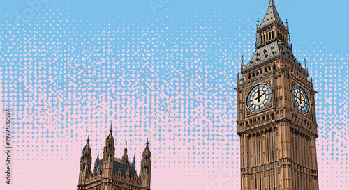 Detailed illustration of the iconic Big Ben clock tower and Houses of Parliament in London under a clear sky.
