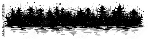 Schilderij op canvas Gritty hand drawn silhouette of an evergreen pine forest reflected in still wate
