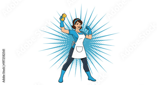 Empowered female cleaner in an apron and gloves poses like a superhero against a bright blue starburst background.