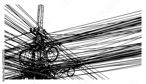 Photos High contrast hand drawn illustration of tangled power lines and messy cables on