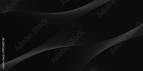 Black abstract background design. Modern wavy line pattern (guilloche curves) in monochrome colors. Premium stripe texture for banner, business backdrop. Dark horizontal vector template