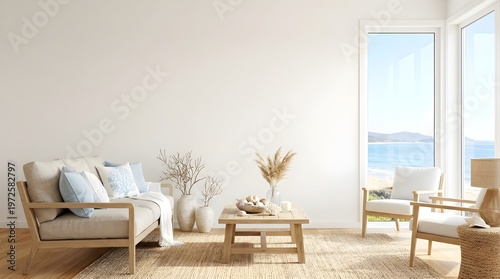 Bright minimalist living room with wooden furniture and neutral decor, featuring a large window that offers a serene view of a sunny beach and the blue ocean.