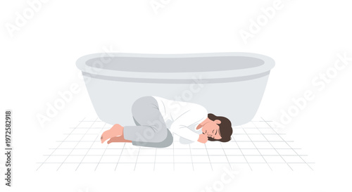 A weary woman dressed in white loungewear lies curled in a fetal position on a white gridded tile floor beneath a large porcelain bathtub at home on a white background.