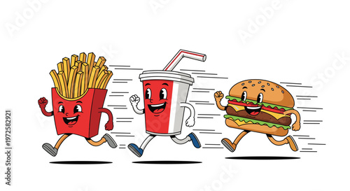 Cartoon fast food characters of french fries a soda cup and a burger running together in a race on white.