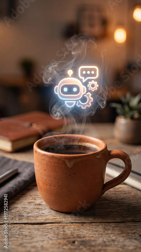 A steaming cup of coffee, s...