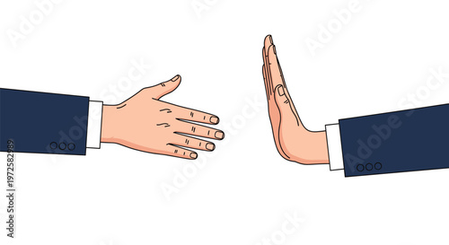 Close up of a handshake being rejected as one hand reaches out while the other hand makes a firm stop gesture.