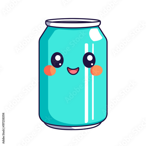 Adorable turquoise soda can with a smiling face, rosy cheeks, and big eyes