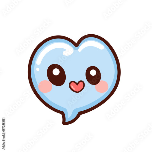 Adorable kawaii illustration of a blue heart-shaped speech bubble with cute eyes and blush
