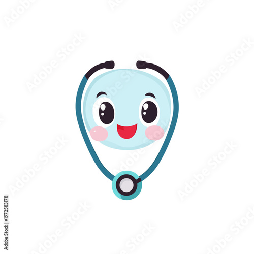 Cute cartoon stethoscope with a smiling face, rendered in a simple, flat design style