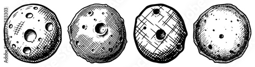 Фотография Hand drawn set of celestial bodies like moons or asteroids with craters in ink s