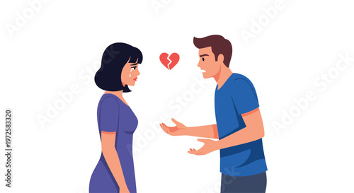 A distressed woman in a purple dress sheds tears while a frustrated man in a blue shirt gestures aggressively near a floating red broken heart icon.