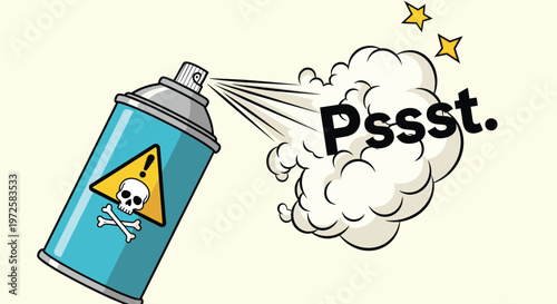 Blue spray can with a skull and crossbones warning label emits a gas cloud with the text psst in a pop art style.
