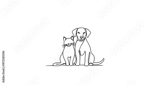 Minimal One Line Cat and Dog Sitting Together Vector Icon Pet Logo